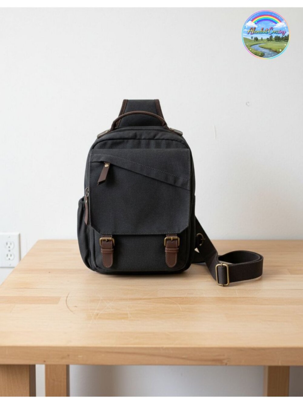 PU Leather Washed Canvas Messenger Bag Sling Crossbody Backpack 13in